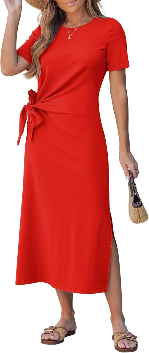 GRAPENT Long Dresses for Women Casual Summer Side Split Beach Vacation Short Sleeve Self Tie 2026 Comfy Tshirt Dress