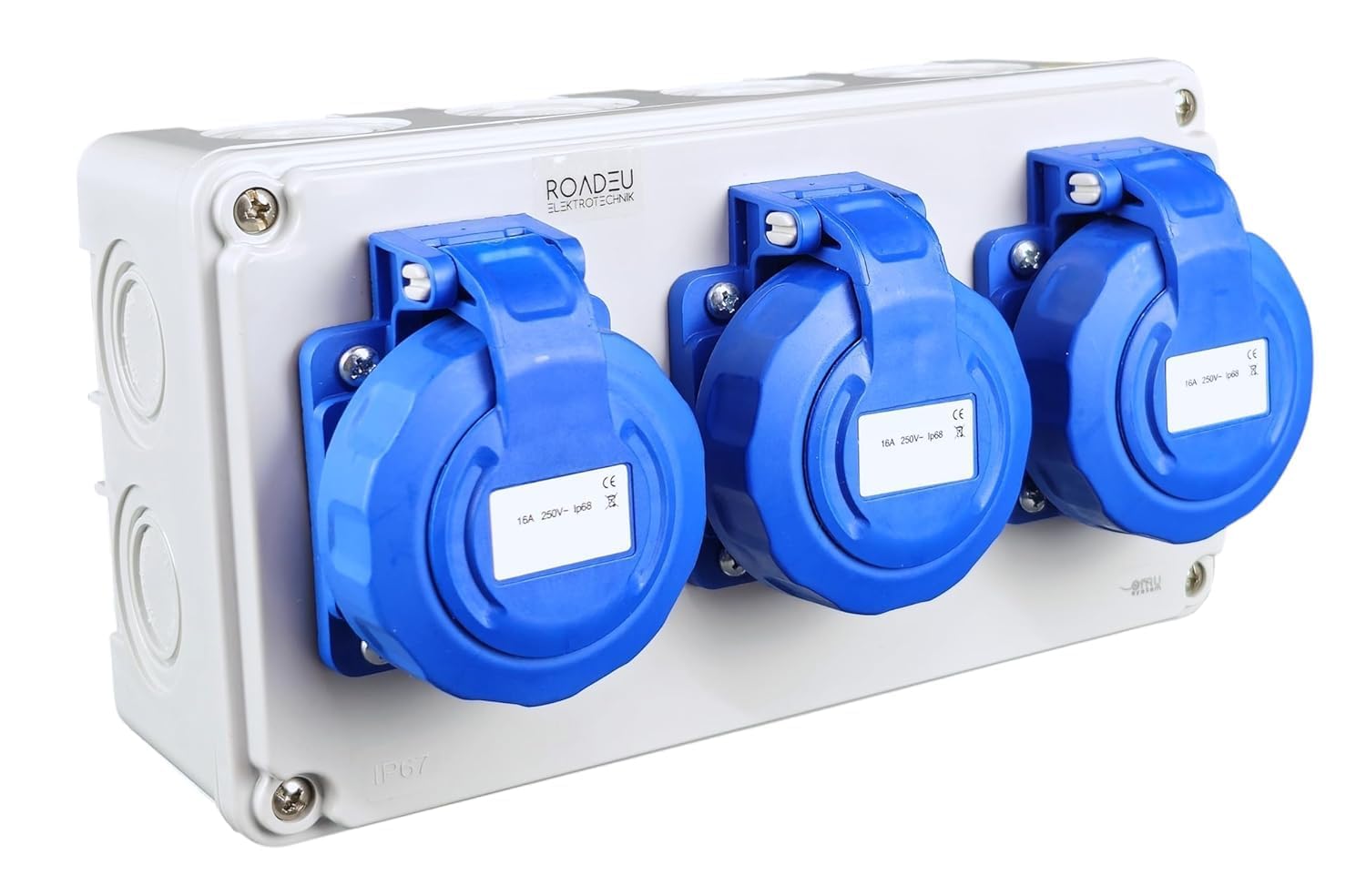 RoadEu Caja de Distribución IP67 con 3 Tomas 230V 16A, Cuadro Eléctrico Exterior Impermeable Precableado para Jardín, Taller y Obra
