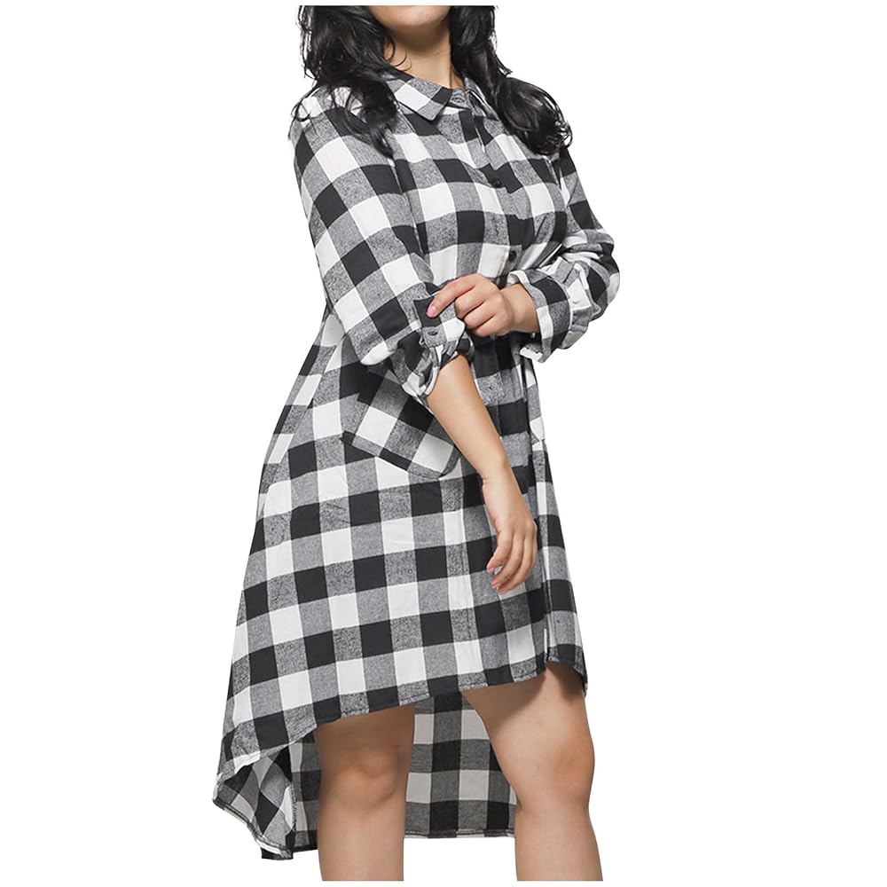 HGps8w Women's High Low Plaid Shirt Dress Casual Spring