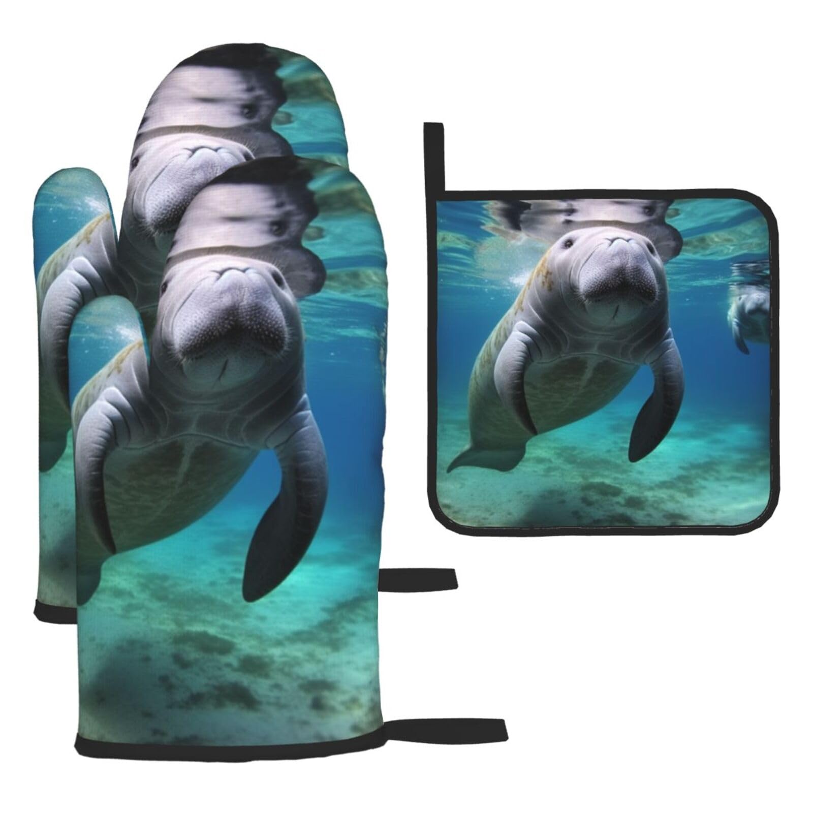3 Piece Oven Mitts and Pot Holders Set Heat Resistant Oven Gloves and Potholders BBQ Gloves Hot Pads Ocean Animal Manatee Cooking Gloves for Kitchen Baking Grilling
