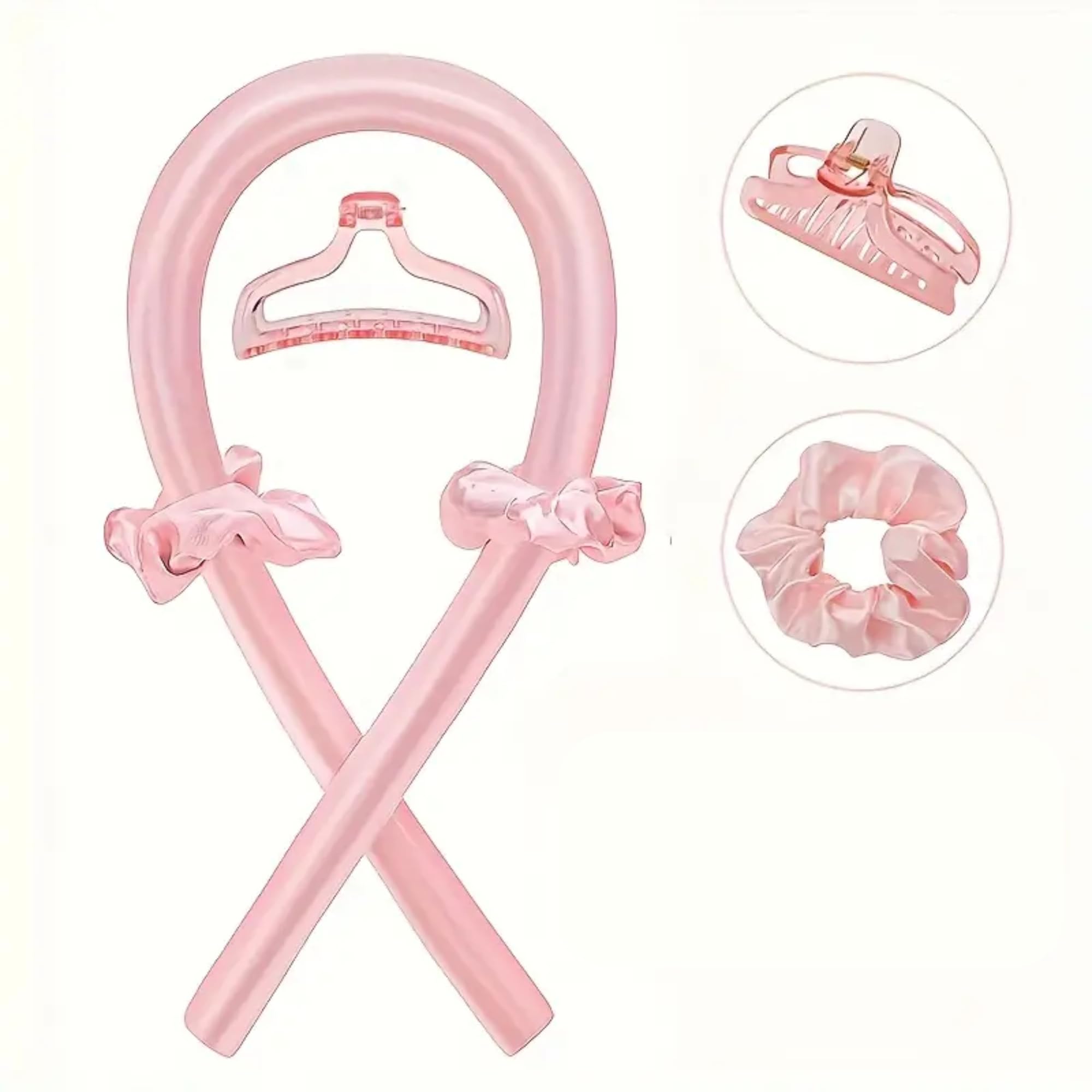 Soft Satin Heatless Hair Curler Set | 1 Curling Rod with 2 Silk Scrunchies & 1 Hair Claw Clip for Effortless Overnight Curls, Heat-Free Styling Tool for All Hair Types (Pink, One Size)