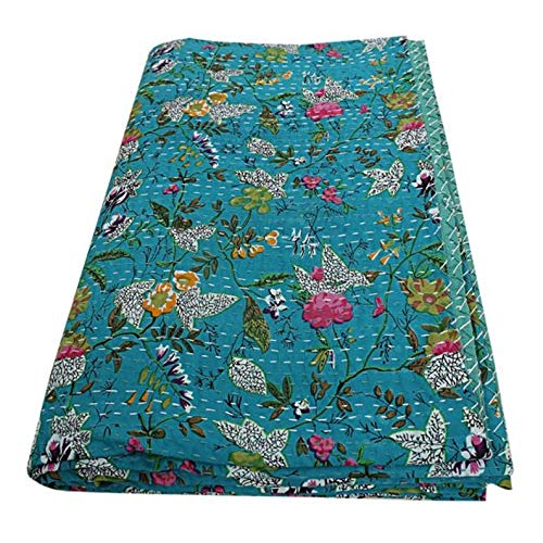 Handmade Hippie Single Bed Cover Throw and Cotton Blanket Twin-Size Kantha Quilt (Blue Turquoise, 60 x90 inch)-image-11