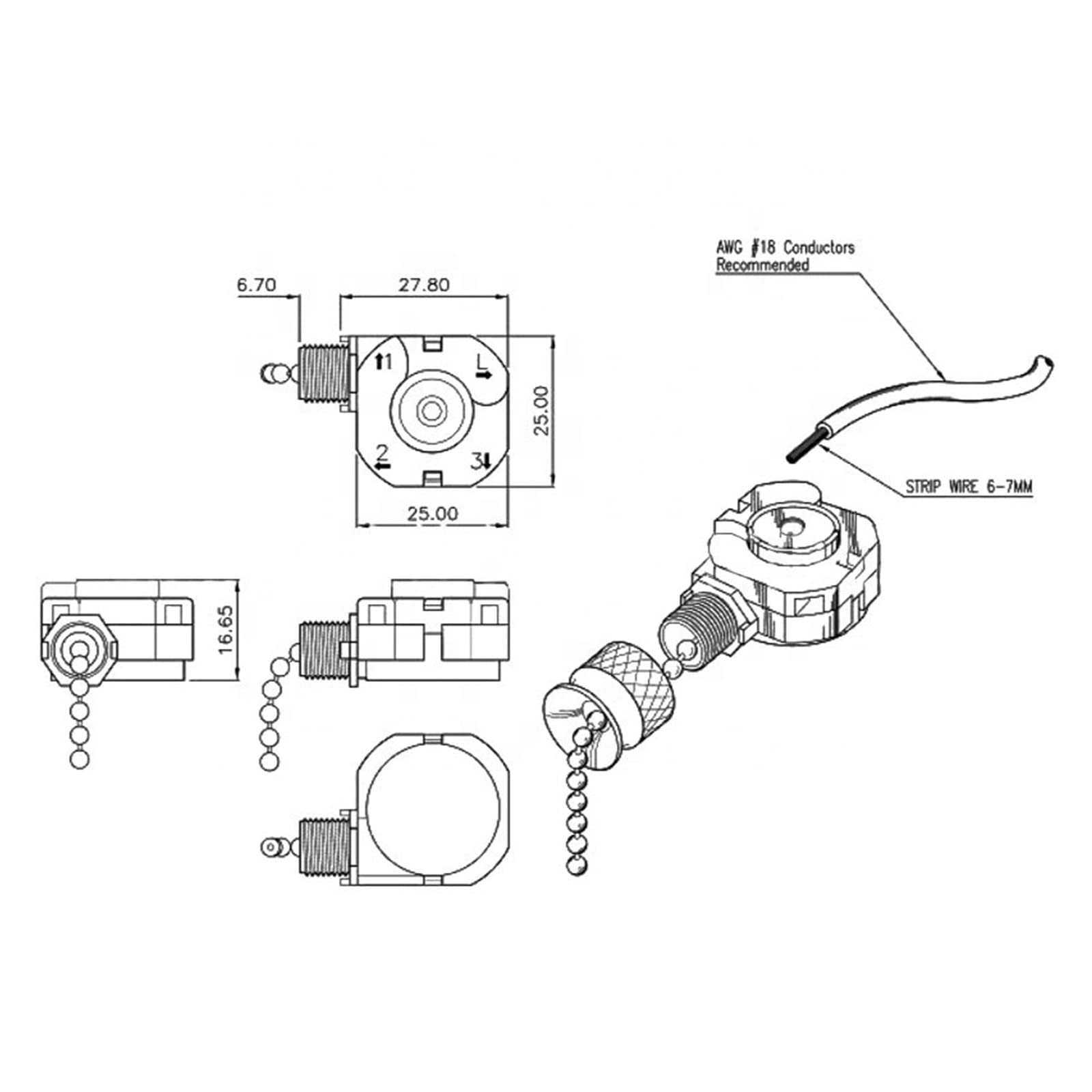 Interruttore a Tirante, Interruttore a soffitto, Interruttore a Catena a 3 Posizioni 4 Fili 3A 250VAC 6A 125VAC Interruttore Luce Ventilatore a soffitto