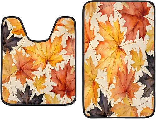 Pardick 2 Pieces Bath Mat Set, Autumn Maple Leaves U-Shaped Bath Mat Toilet Rug Bathroom Mat Set with Bath Rug Mat, Dreamy Leaves Mat for Bathroom