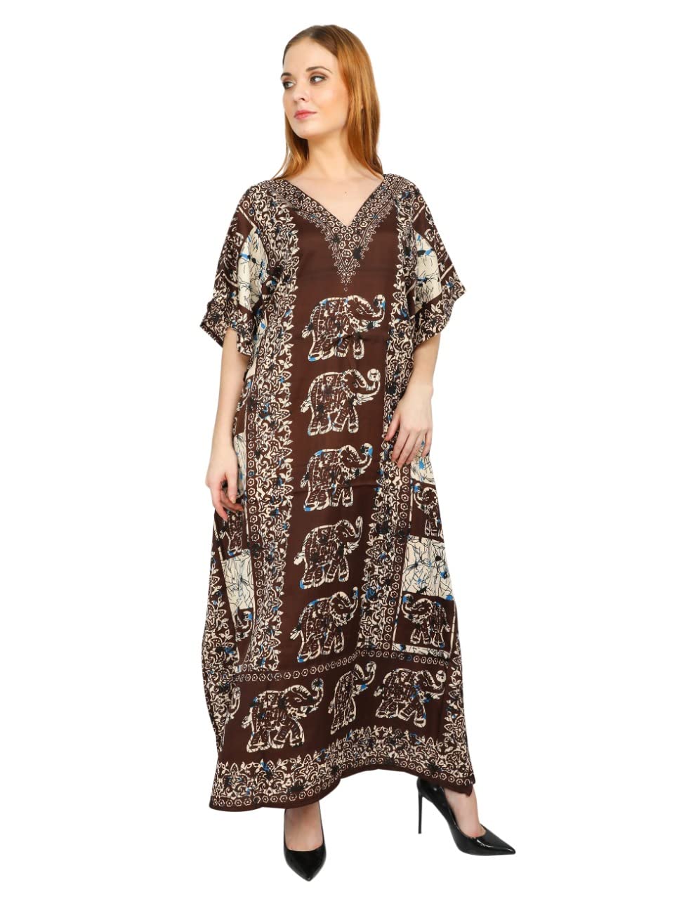 Tengru Vestido largo para mujer, talla grande, caftán, playa, bordado, manga corta, caftán, ropa de descanso para cualquier ocasión