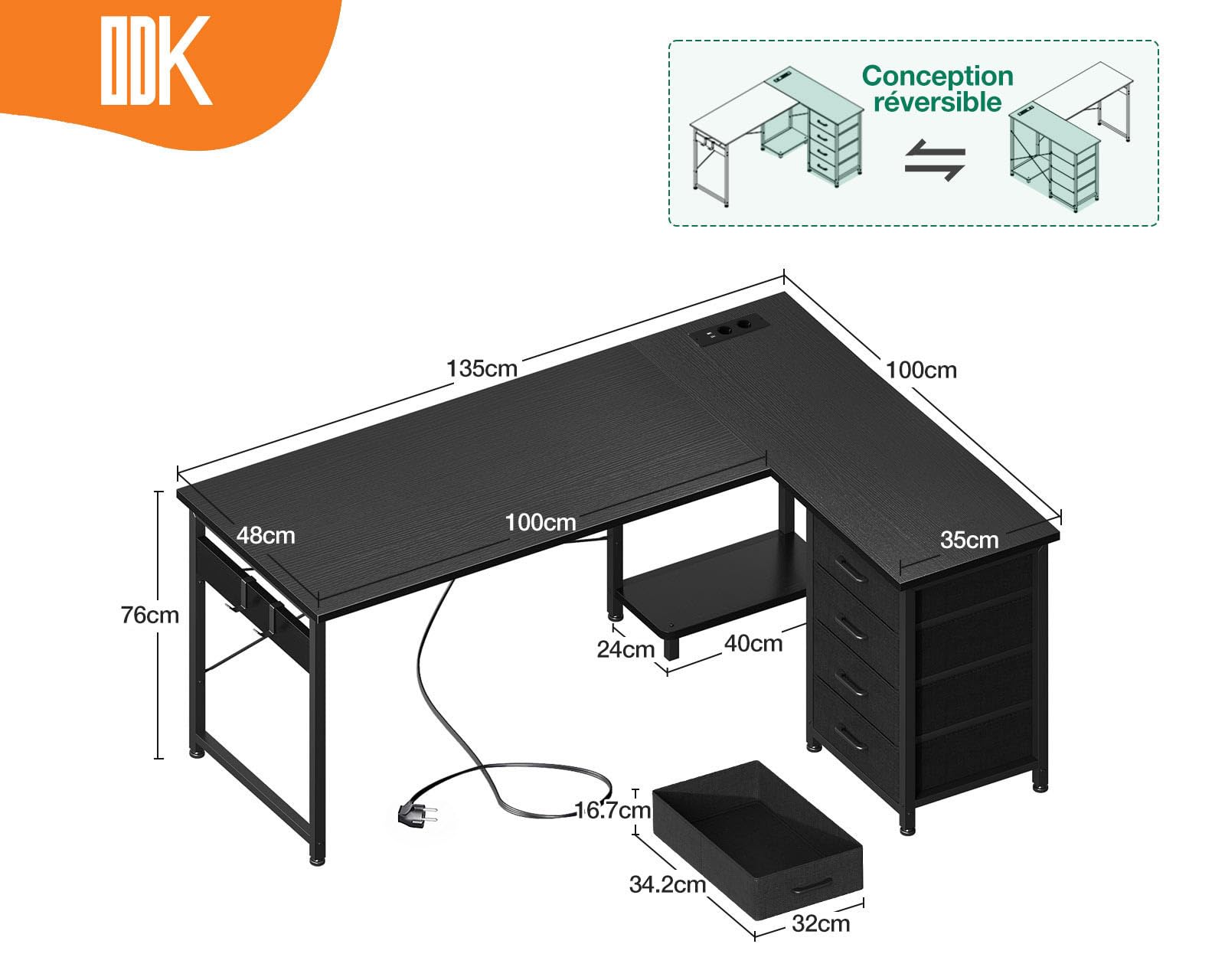 ODK Bureau d'angle avec 4 Tiroirs, 135×100 cm Bureau en L avec Prises de Courant et Ports de Charge USB, Table Angle avec Rangement Réversible pour Travailler et Jouer, Noir