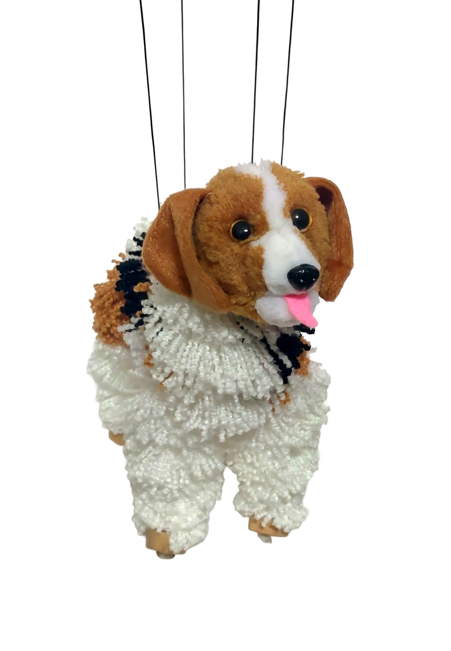 Artisan Owl Beagle Marionette Puppet - Yarn Dog with Wooden Feet, Detachable Strings