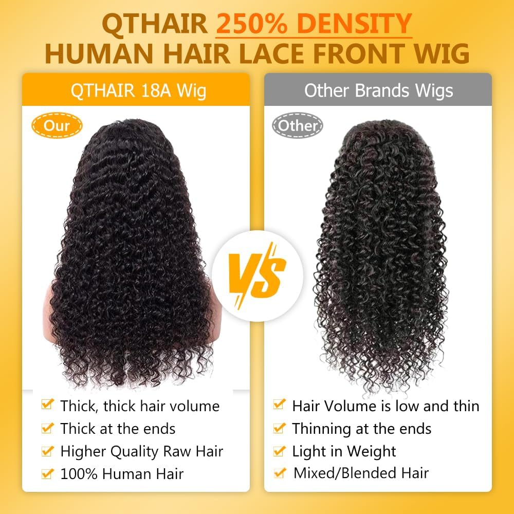 QTHAIR 13x4 Real HD Curly Lace Front Wigs Human Hair 220% Density 18A Ear to Ear Transparent Lace Frontal Wigs Human Hair Glueless Curly Wigs for Black Women(Natural Color, 20inch)
