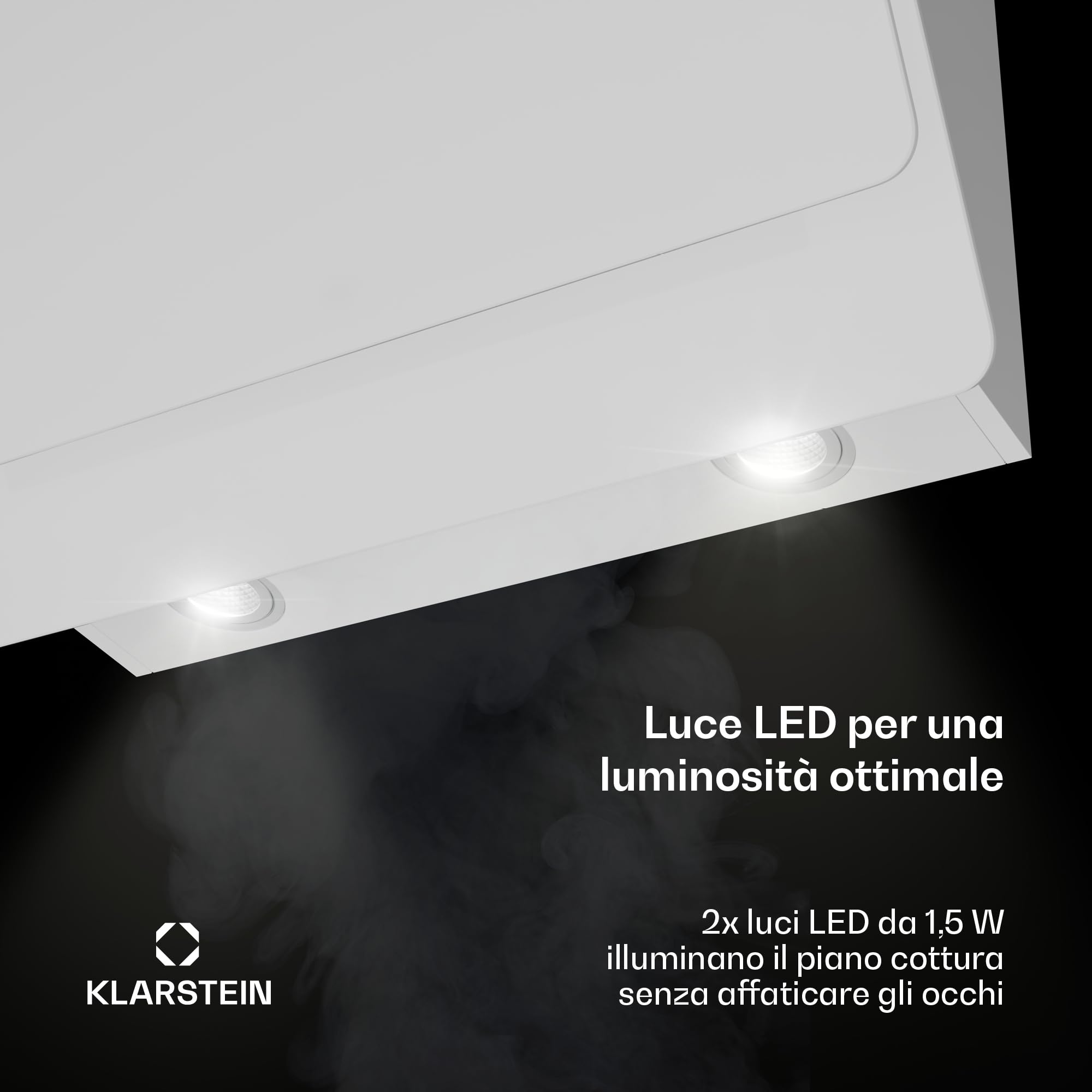 Klarstein Cappa Aspirante 60 cm, Cappa Cucina, Cappa Filtrante in Acciaio Inox, Scarico: 620m³/h, Illuminazione LED, Pannello Touch, Filtro Per Ricircolo, Safety Glass, Classe Energetica B, Bianco