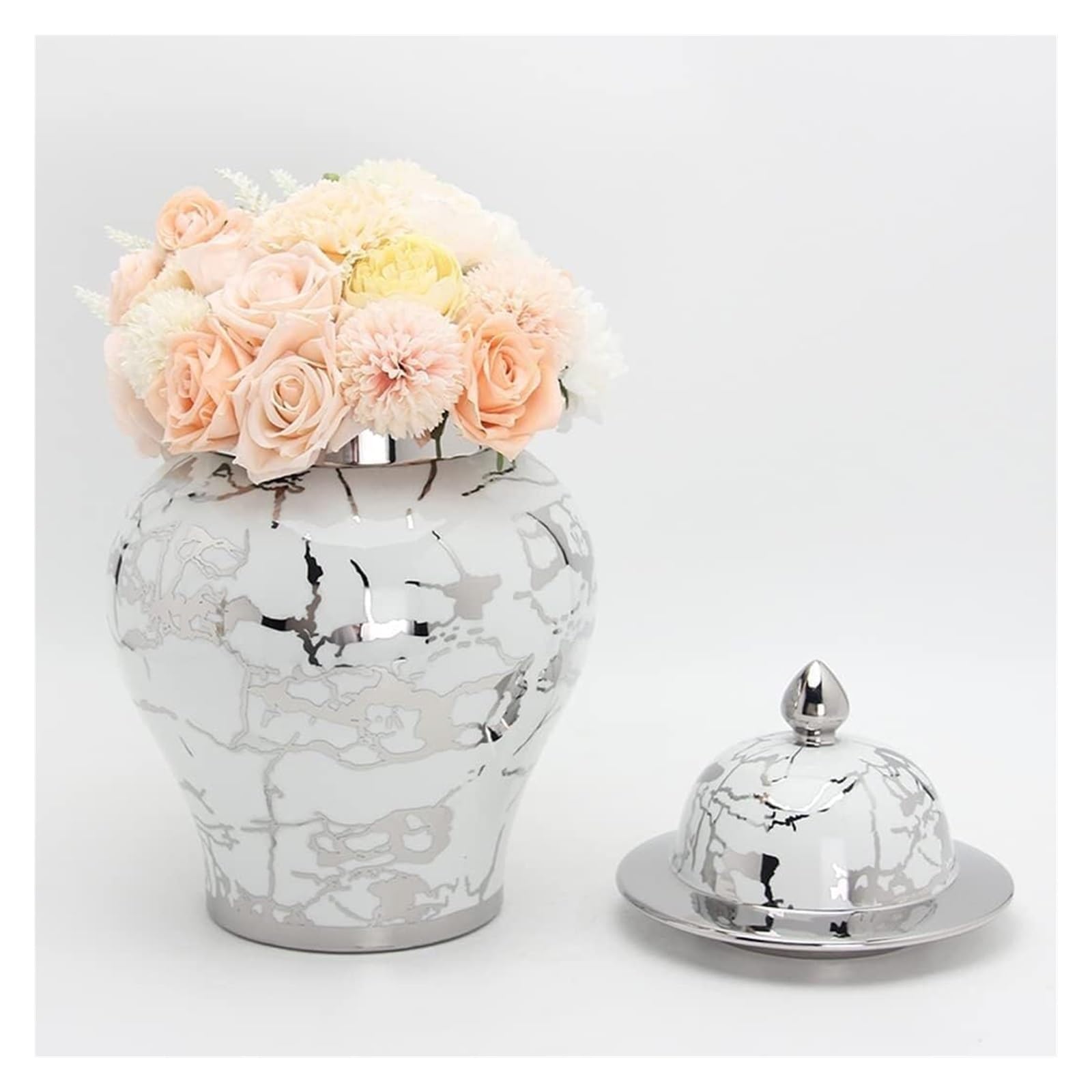 Jarrones de cerámica para Mesa, jarrones de Jengibre con Tapa para decoración, jarrones de Flores secas en Plata y Blanco, Decoraciones de Mesa(Estilo 5-19,5 x 34,5 cm
