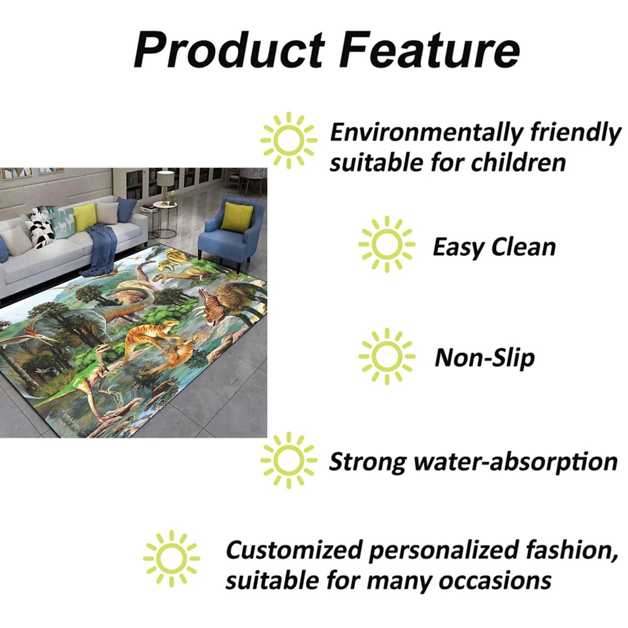 Tapis De Salon Imprimé Fantastique Forêt Tropicale Dinosaure, Vert