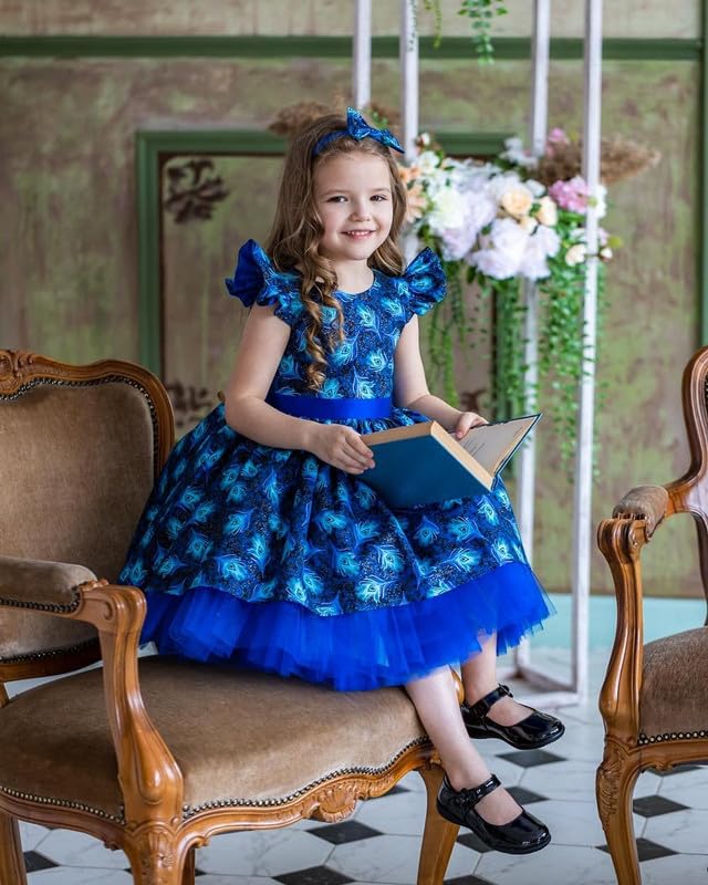 Image of Niren Enterprise Blue Dragon Peacock Feather ptinted Baby Girl Dress and Frock