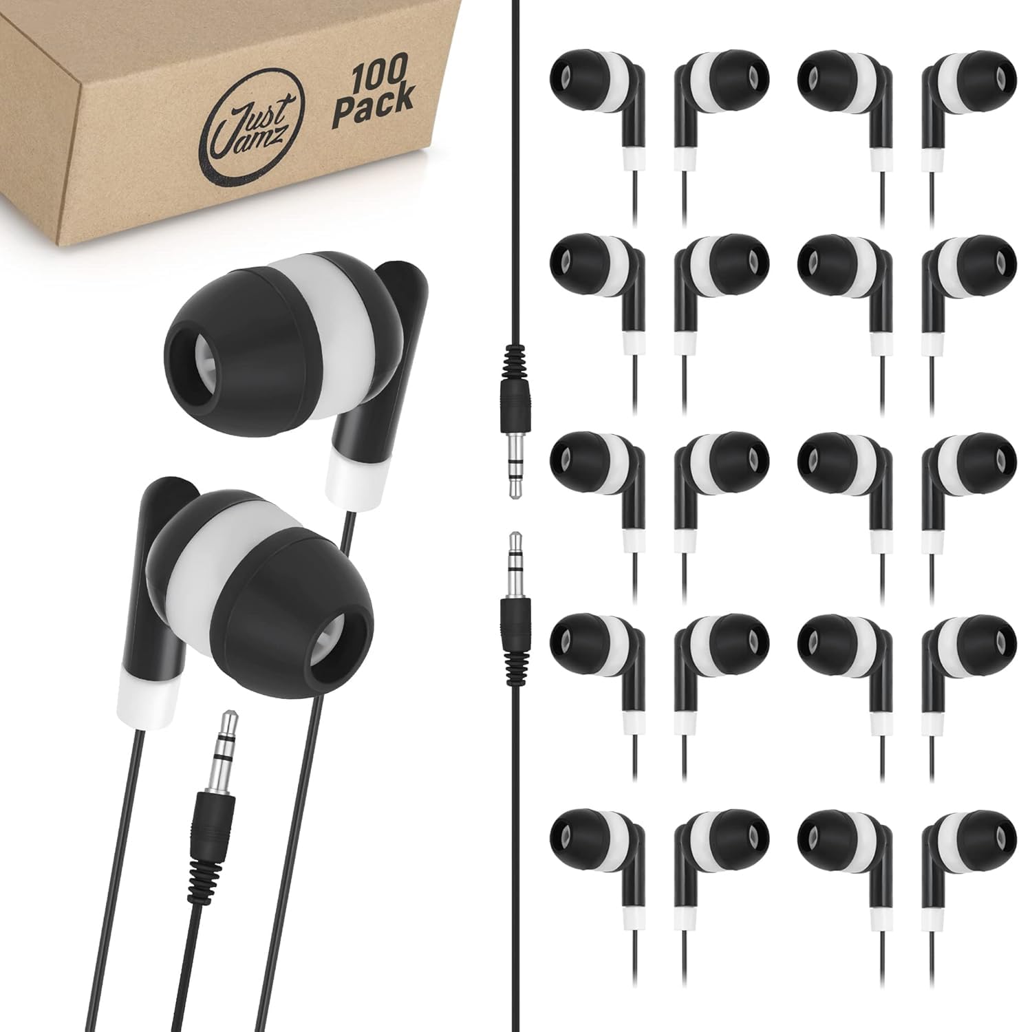 JustJamz Bulk Wired Earbuds 100 Pack – Earbuds Bulk Classroom Set for Kids, Students & Adults – Disposable Headphones with 3.5 mm Jack, No Mic, Comfortable Silicone Tips, for School, Testing, PC
