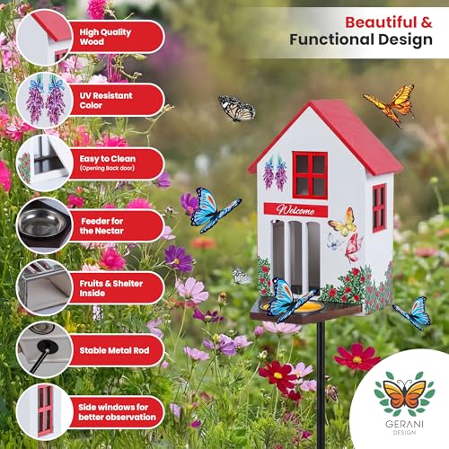 Image of Butterfly House and Feeder for Outside - Wooden Butterfly Shelter with Metal Stake for Garden - 3 Mount Options - Weatherproof - Easy Cleaning - Butterfly Habitat & Garden Decor