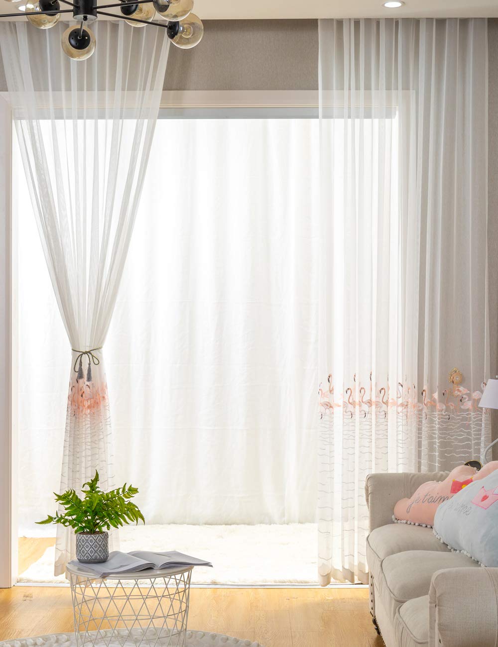 Lactraum - Tenda per cameretta Bambina, in Voile con Ricamo in Stile Fenicottero, Colore: Bianco Trasparente, Rosa Flamingo mit Ösen, 300 x 245 cm