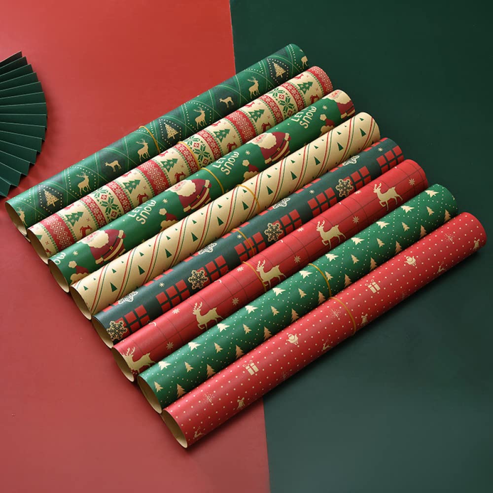 8 Sheets Christmas Wrapping Paper 50 * 70cm Brown Kraft Paper with Christmas Pattern Xmas Wrapping Paper Christmas Elements Wrapping Paper for Christmas Birthday Holiday Wrapping DIY Supplies