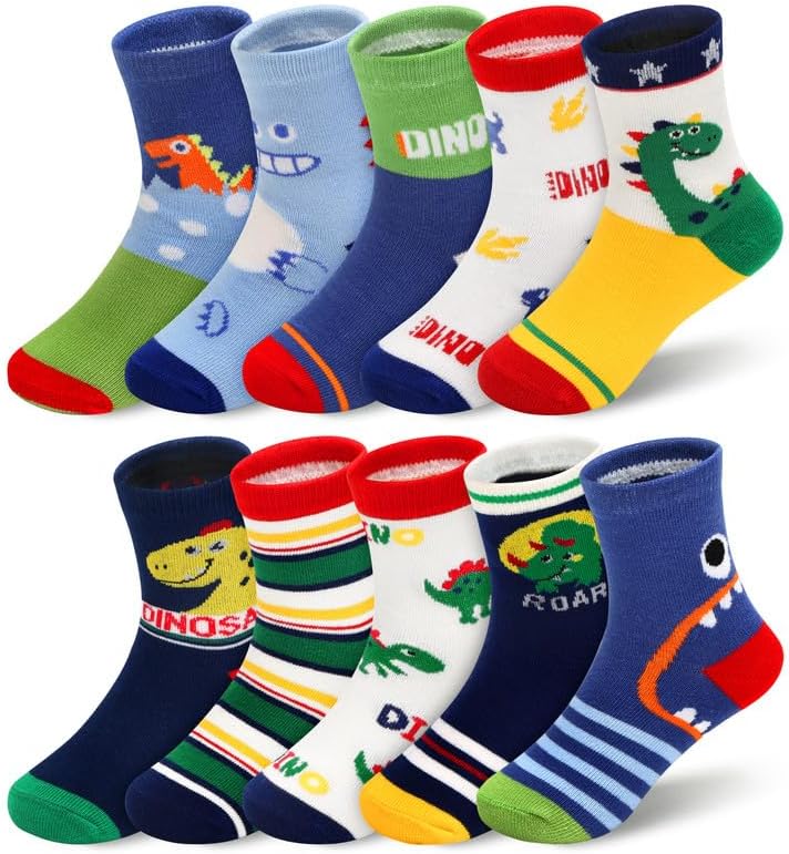 Padgene 10 Pairs Kids Boys Fun Novelty Socks Toddler None Slip Cotton Crew Dress Socks Cartoon Dinosaur Car Shark Stripes