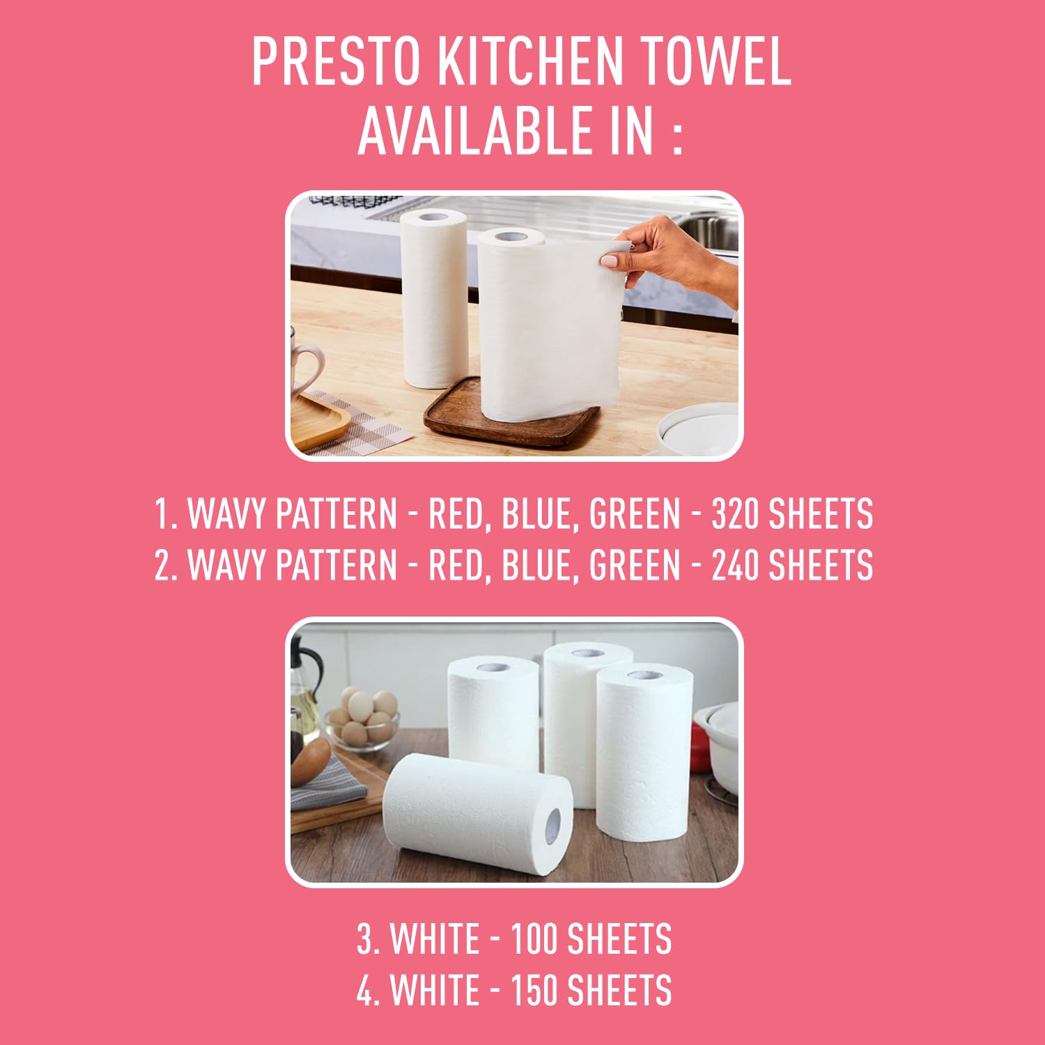 Amazon Brand - Presto! Non-Woven Reusable Kitchen Towel Roll | 50 Pulls | 100 Sheets (Pack of 2) | Size: 20 x 22 cm | White | Washable | Highly Absorbent | For Daily Use 4