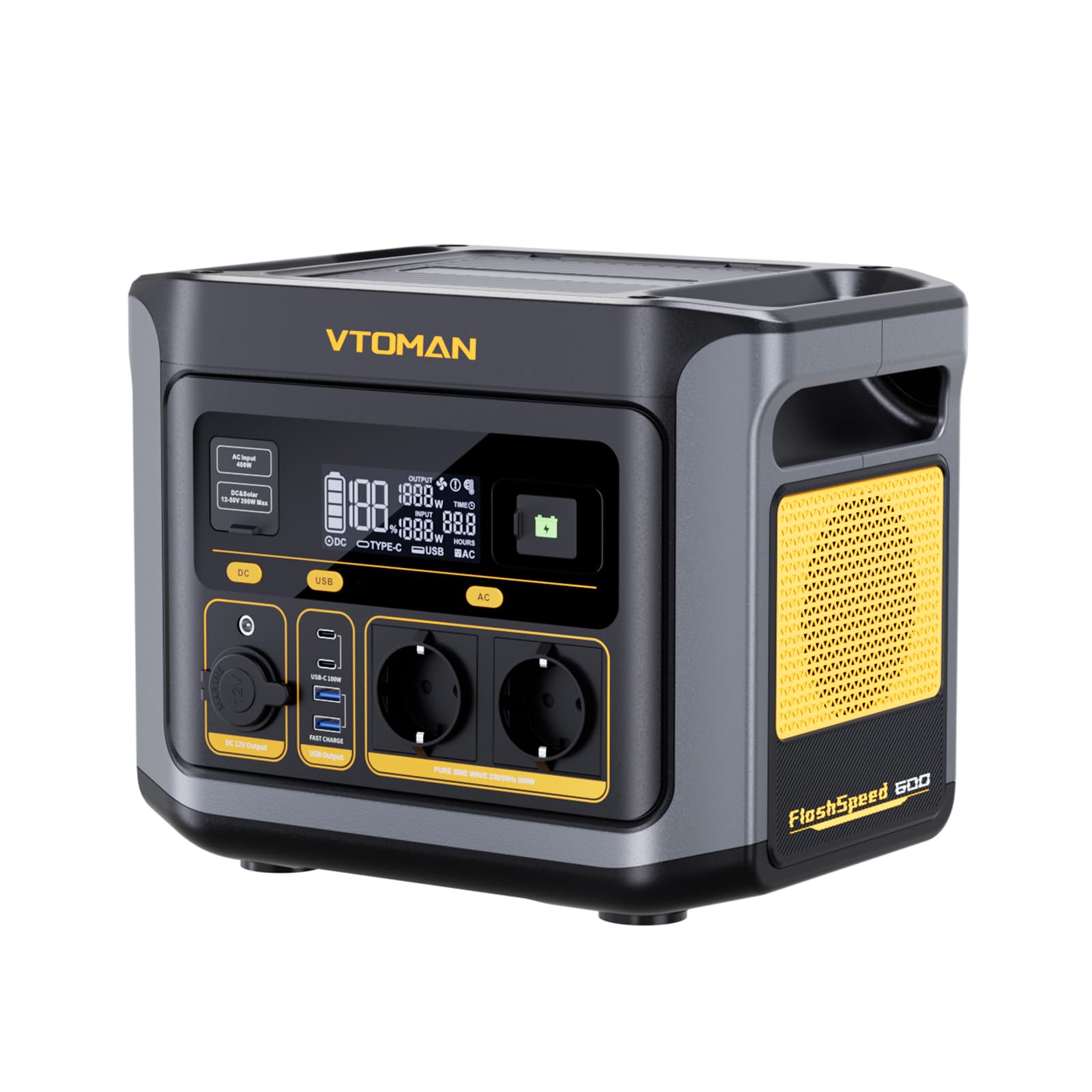 VTOMAN FlashSpeed 600 Centrale Elettrica Portatile 499Wh - 600W(1200W Picco) LiFePO4 Power Station, 100W USB-C, Ricarica da 0-80% in 60 Min, Capacità Espandibile Generatore Solare per Campeggio