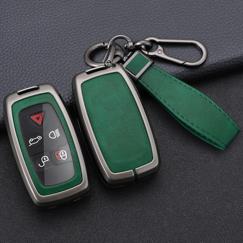 SANRILY PU Leather Key Fob Cover Case Compatible with Land Rover LR4 Fit for Range Rover Sport 2010 2011 2012 2013 Keyless with Leather Keychain Black-green - Image 3