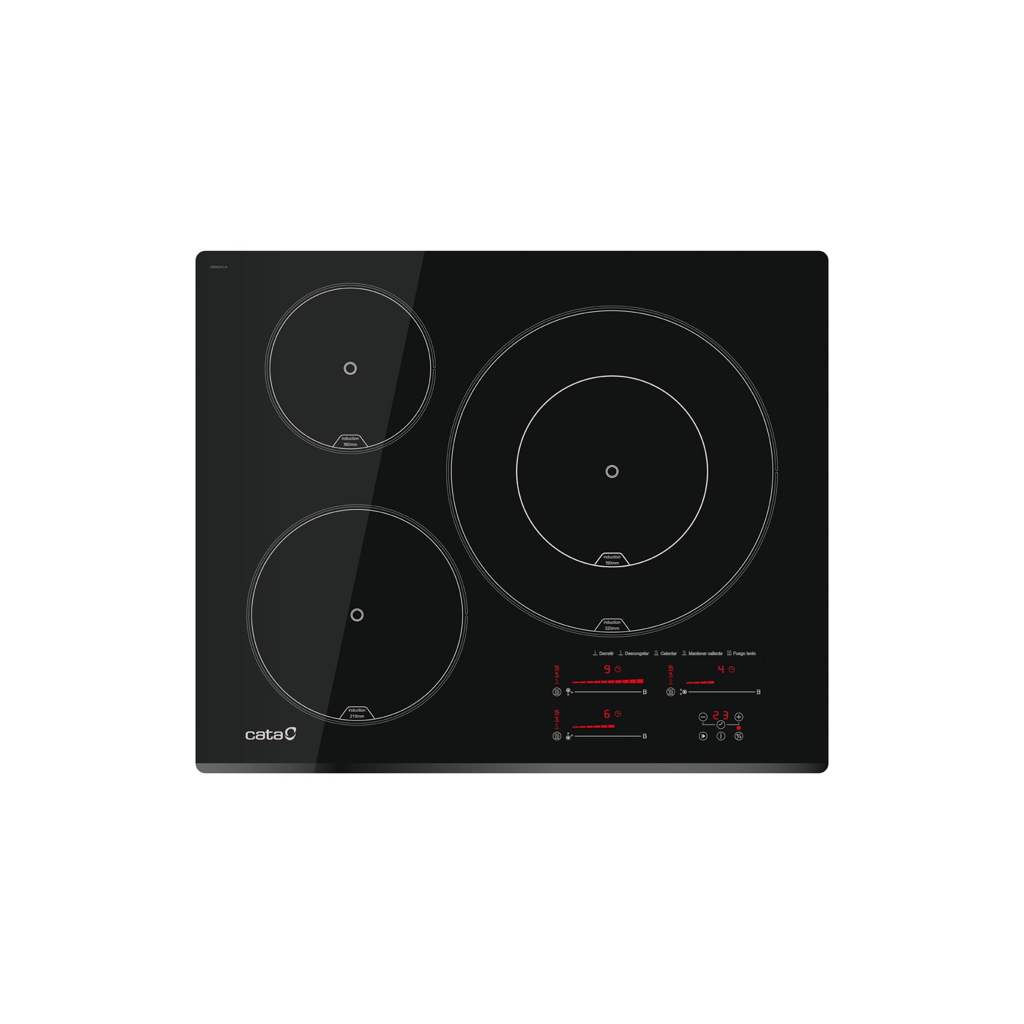 CATA INSB 6532 BK Placa de Inducción 63 cm, 3 Zonas, Control Táctil, 9 Niveles + Booster, Temporizador, Detección de Recipientes, Potencia 6,5 kW, Negro