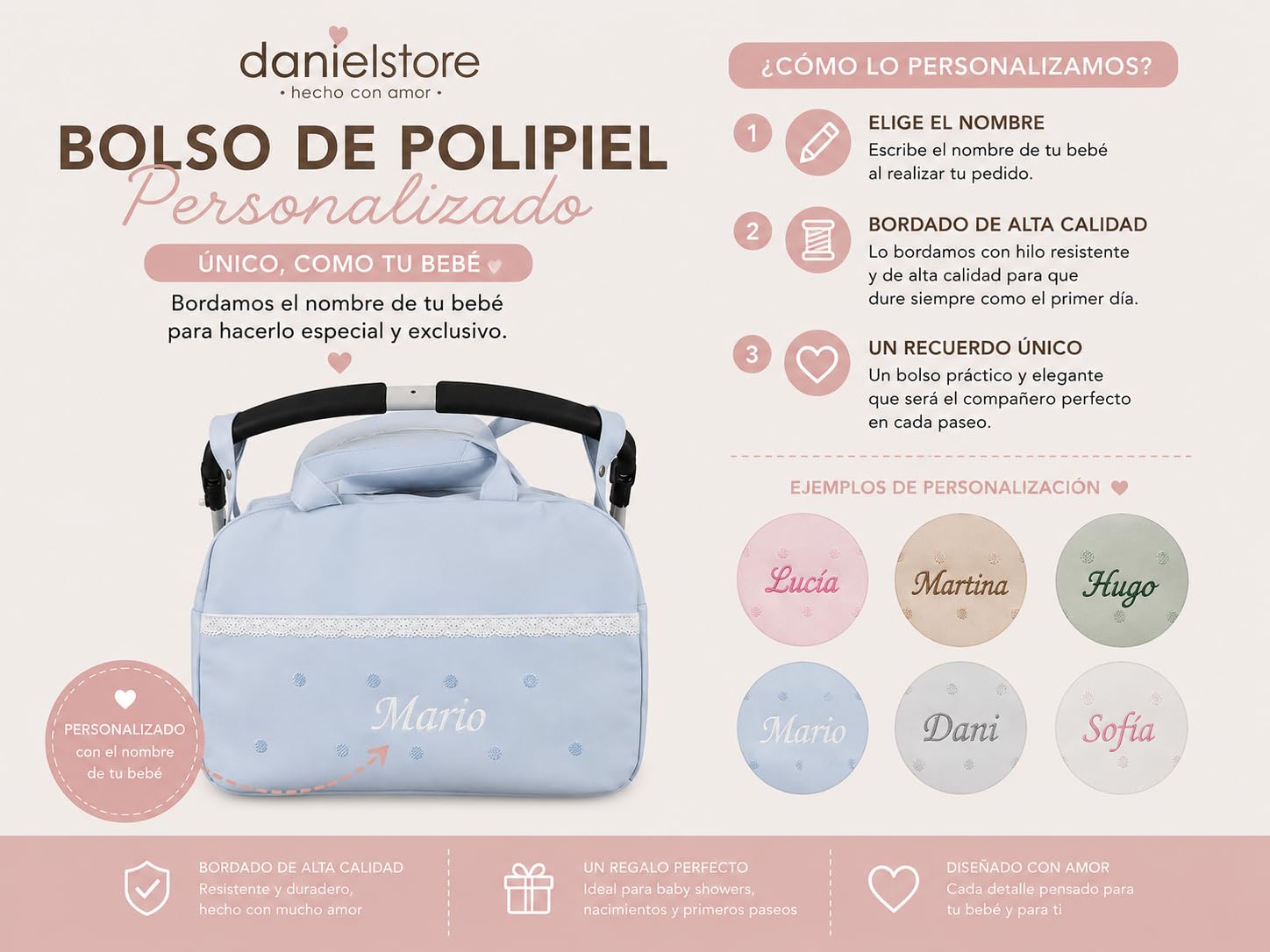 danielstore- Bolso Personalizado Bebe Carrito bebe con nombre bordado. Levante azul