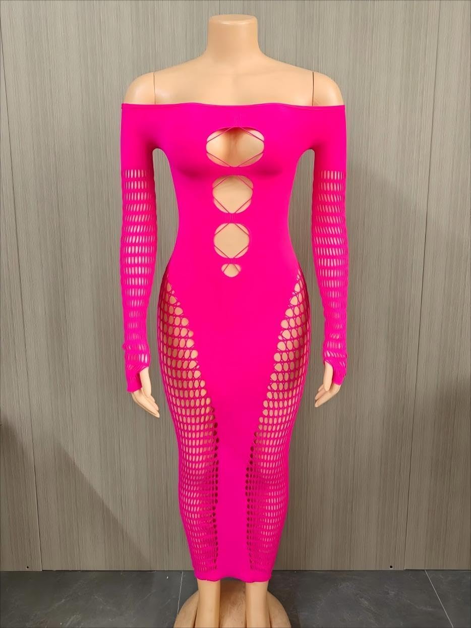 Stunning Hollow Out Long Sleeve Bodycon Maxi Dress for Women, Sexy Elegant Mesh Sheer Party Dress for Club - Image 5