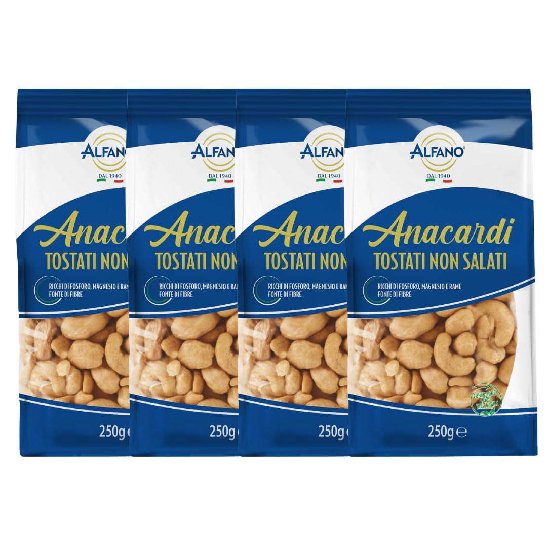 Alfano dal 1940 Anacardi Tostati Non Salati Formato da 250g Frutta Secca Ricca di Fosforo, Magnesio e Rame Fonte di Fibre (4 Pezzi)