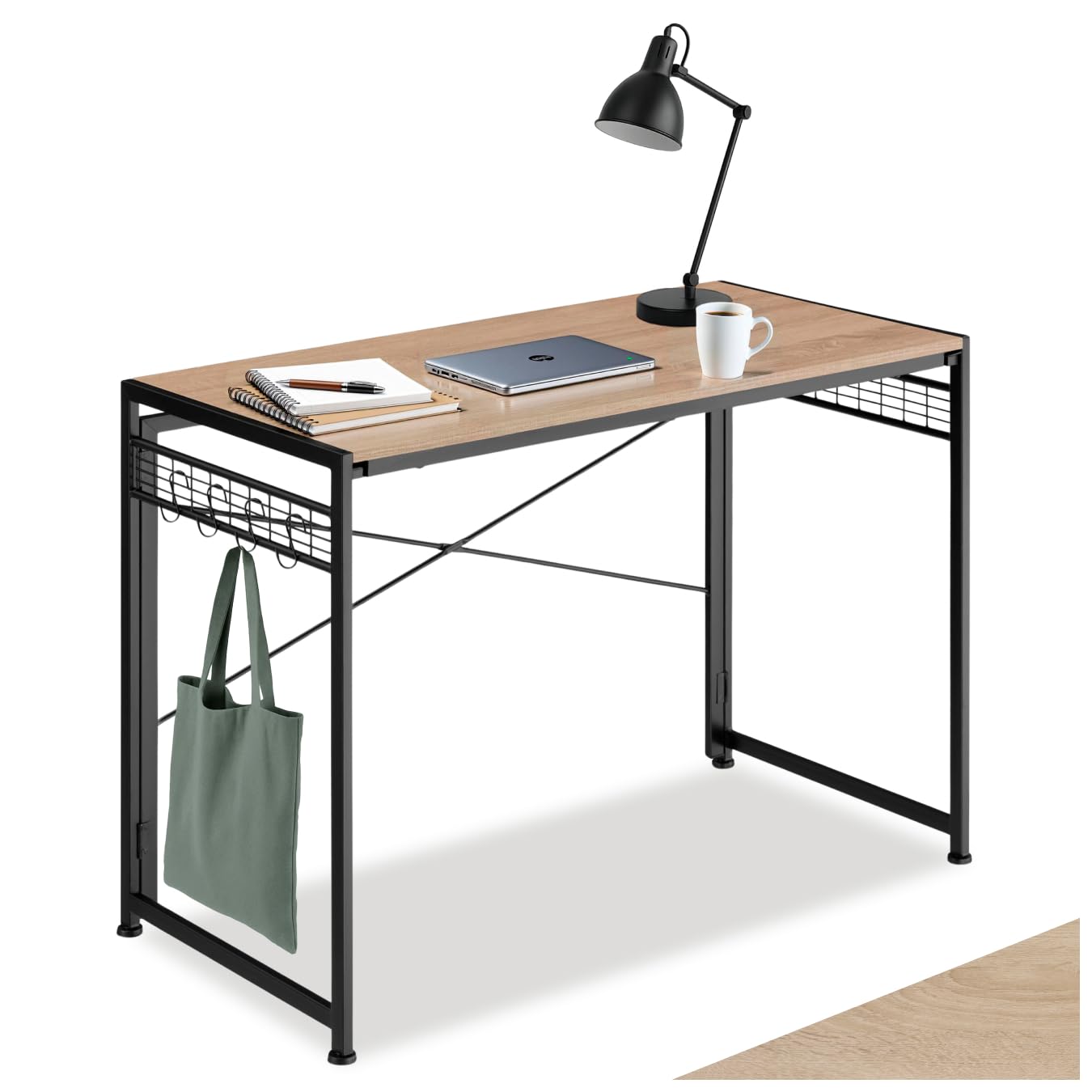 tectake® Industrial Schreibtisch klappbar, Foldable Table, PC Tisch Klapptisch, Arbeitstisch mit 8 Haken, 102 x 51 x 77 cm, Laptop Tisch, Study Table Office Space - Industrial Holz hell, Eiche Sonoma