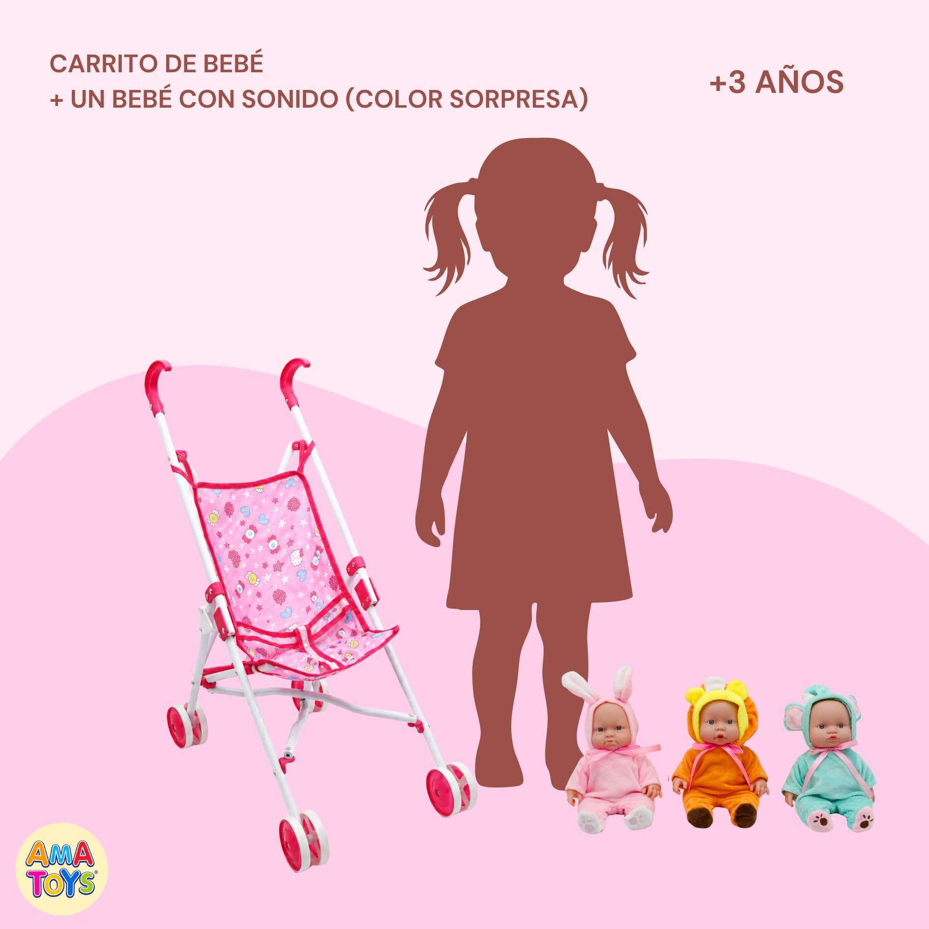Sillita de Paseo para Muñecas - AMATOYS - Carrito Juguete Plegable - Pack 2 en 1 con Bebé Muñeco - Juego de Imitación y Paseo para Niñas y Niños (Carrito Pink_Bebe Color)