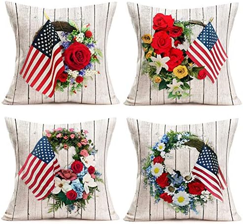 Easternproject Pillow Covers Independence Day American Flag Set of 4 Throw Pillow Covers Cotton Linen Wooden Planks Art Colorful Flower Wreath Flag Pillow Cases Patriotic Home Pillow Cover 18x18 Inch
