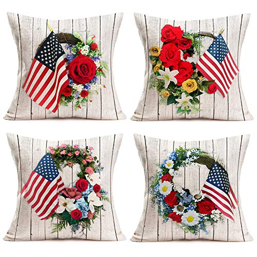 Easternproject Pillow Covers Independence Day American Flag Set Of 4 Throw Pillow Covers Cotton Linen Wooden Planks Art Colorful Flower Wreath Flag Pillow Cases Patriotic Home Pillow Cover 18X18 Inch #TOP10