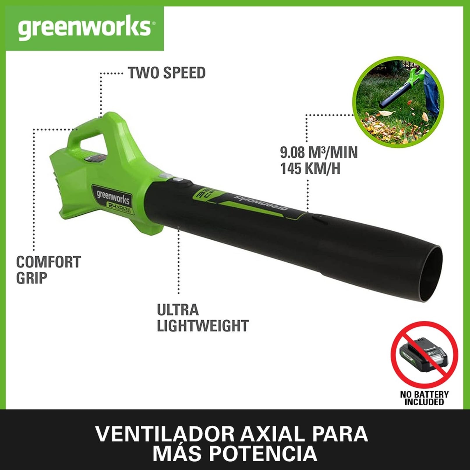 Greenworks Tools G24ABII Soplador de Hojas a Batería Axial, 145 km/h, 9,08 m³/min SIN Batería de 24V y Cargador
