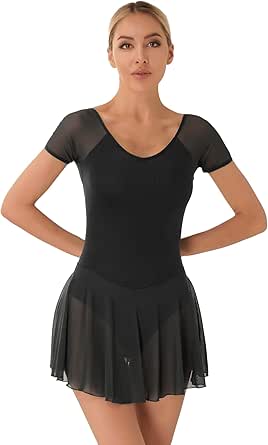 Doomiva Figure Skating Dress For Women Rhinestone Mesh Long Sleeves Ballet Dance Leotard Dress White M