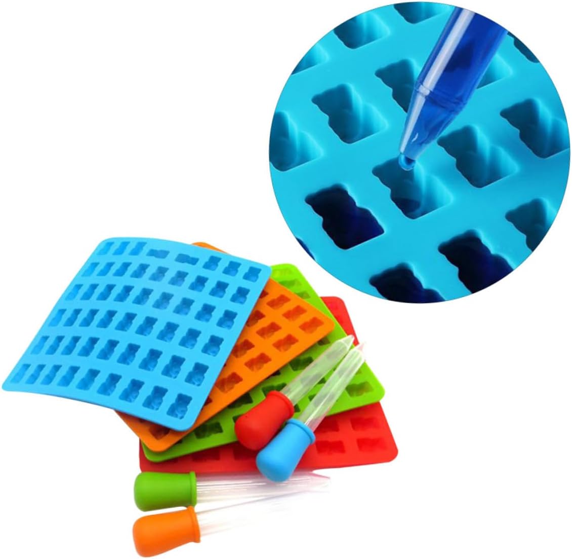 4 Sets Cavity Bear Silicone Chocolate Candy Mold with Dropper Non-stick DIY Gummy Jelly Tray for Homemade Chocolate Ice Cubes Cookie Treats in Blue Red Lime Amber