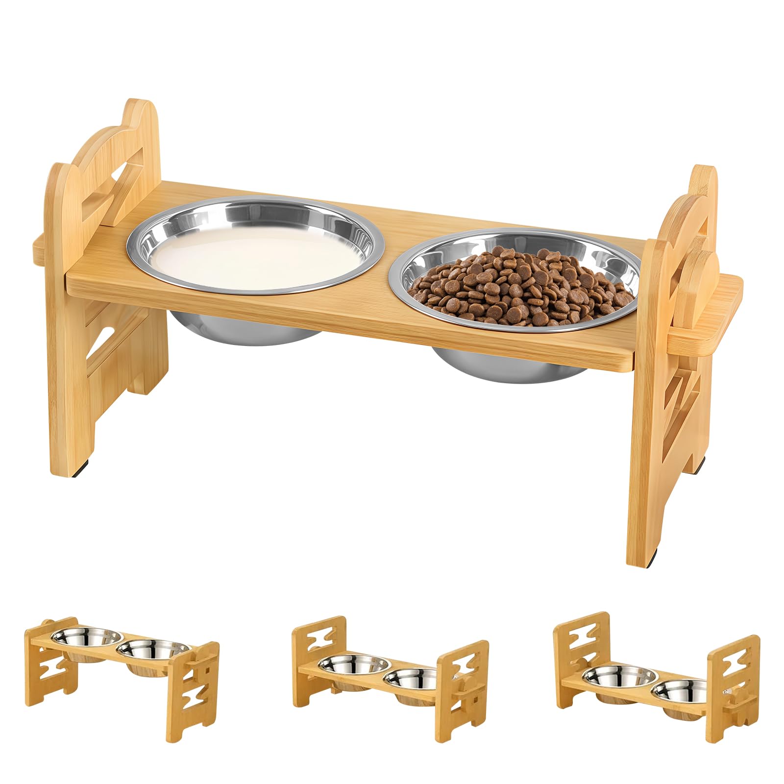 Ciotola per Cani Rialzata Regolabile con 2 Ciotoline in Acciaio Inox, Ciotola per Cibo per Cani e Gatti in Acciaio Inox, Ciotola per Cani Rialzata a 3 Altezze