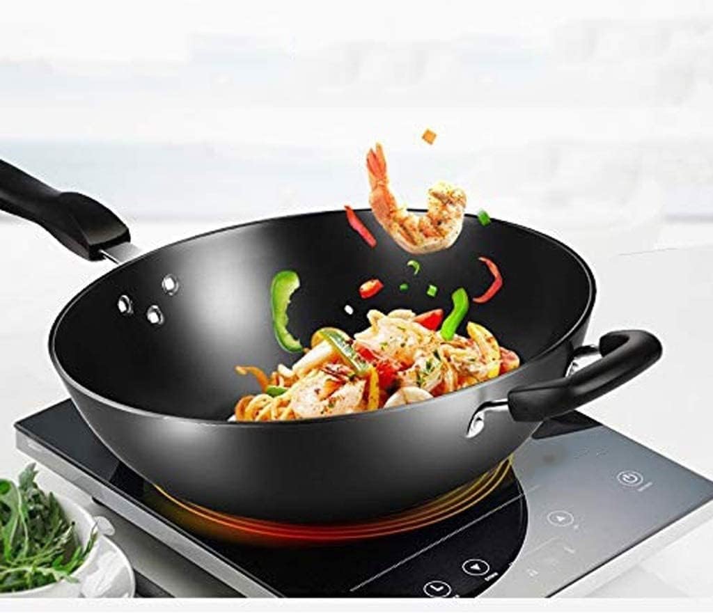 Wok Pan, 12.5'' Flat Bottom Woks, Woks and Stir Fry Pans with lid, Cast Iron Wok, Nonstick Coating Stir Fry Wok Pan, Cooking Utensils, Suits for All Stoves