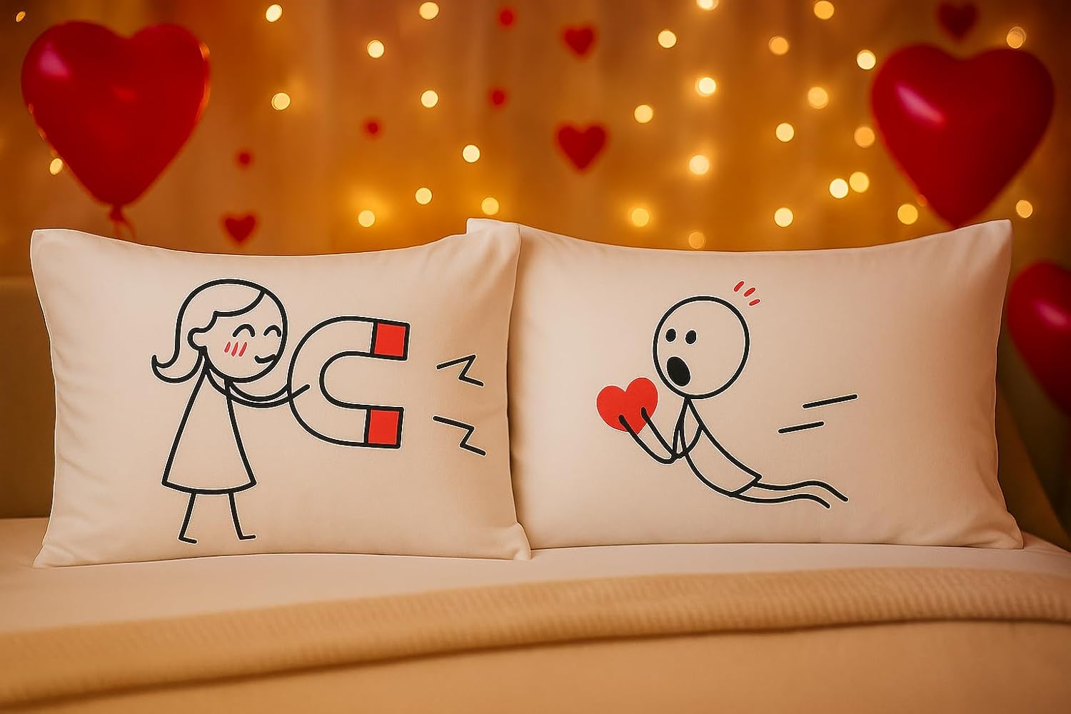 Couple Pillowcases Set of 2 – You’re My Magnet Satin Pillow Covers with Heart Design, Romantic Bedding Gift for Couples, Wedding Honeymoon Anniversary Decor, Fits 27 x 18 Inch Pillows