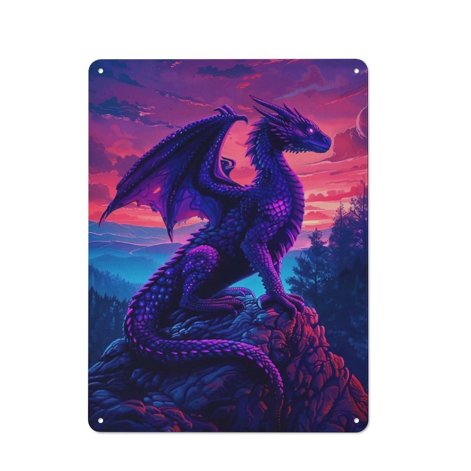 Junmoney Purple Dragon On Mountaintop Man Cave Tin Wall Sign, Wall Decor For Workshop, Shed And Game Room, 40X30cm
