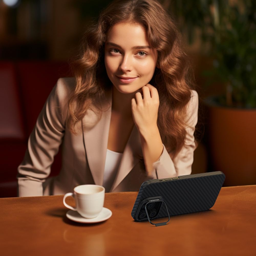 MON Carbone for iPhone 15 Case – Ultra Thin & Lightweight, Ballistic Carbon Fiber Case, MagSafe Compatible, Aluminum Kickstand Lens Guard (Hoverbolt, Matte Black)