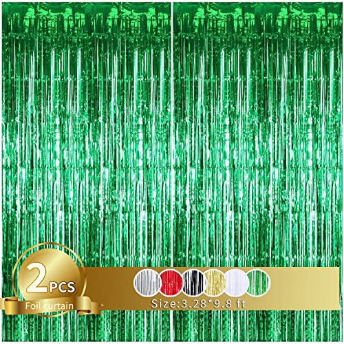 Image of TONIFUL 2Pcs Green Metallic Tinsel Foil Fringe Curtains,Black Photo Booth Backdrop Streamer Curtain Photo Booth Props for Bachelorette Party,Birthday,Graduation,Christmas Decor(6.6ft x 9.9ft)