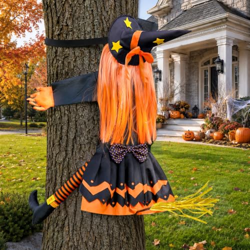 45" Halloween Crashing Witch Decoration Flying Witchs on Broom Hanging from Tree Outdoor Halloween Decor for Yard Garden Porch Patio - image 2