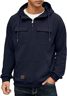 QIXING Men's Cargo Hoodies Quarter-Zip Sweatshirts Tactical Jumpers Casual Gym Athletic Loose Hooded Tops
