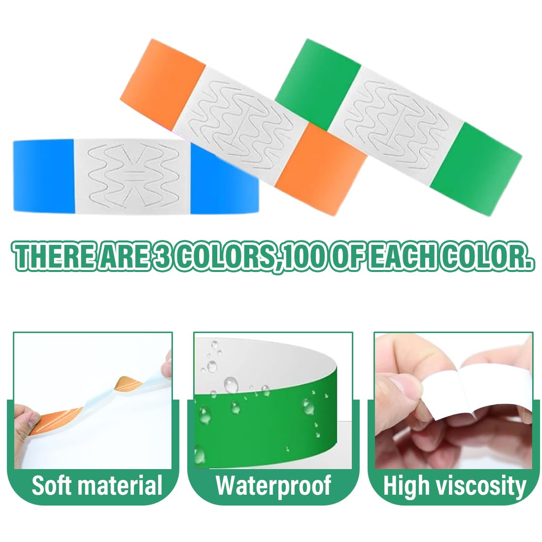 Braccialetti Carta Eventi Impermeabili Colorati 300Pz Identificazione Parchi Divertimento 25x1,9cm 3 Colori