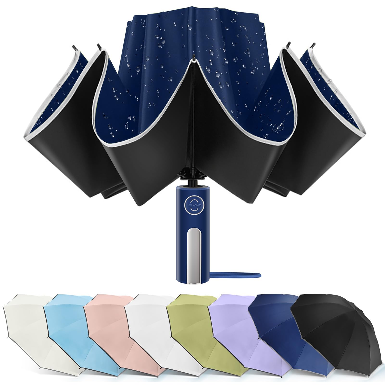 Inverted Umbrella - Large Windproof for Rain & Sun, Compact Reverse With Reflective Stripe, Teflon-Coated for Women Men, Travel Folding With Cover Bag