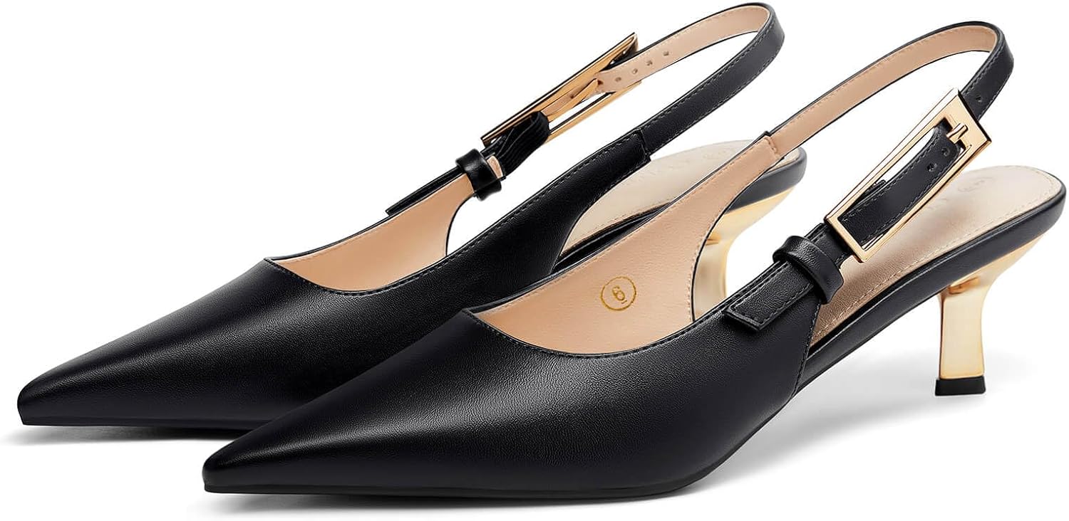 Coutgo Womens Slingback Kitten Heels Closed Pointed Toe Pumps Buckle Strap Wedding Party Dress Shoes