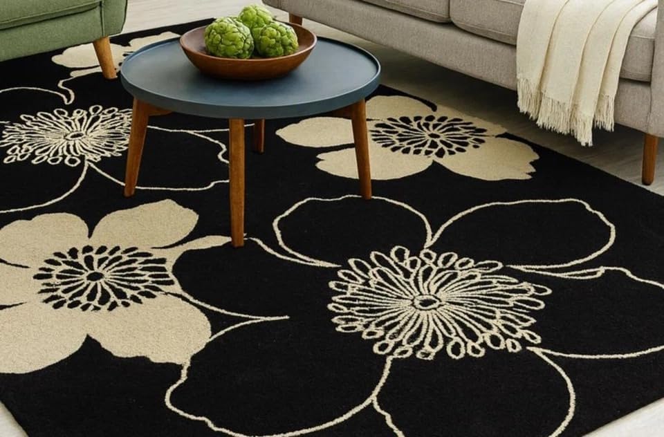 Hand Tufted Black Floral Area Rug 10x14 ft (120x168 inches) | Oversized Floral Carpet for Living Room & Hall | Soft Wool Rug