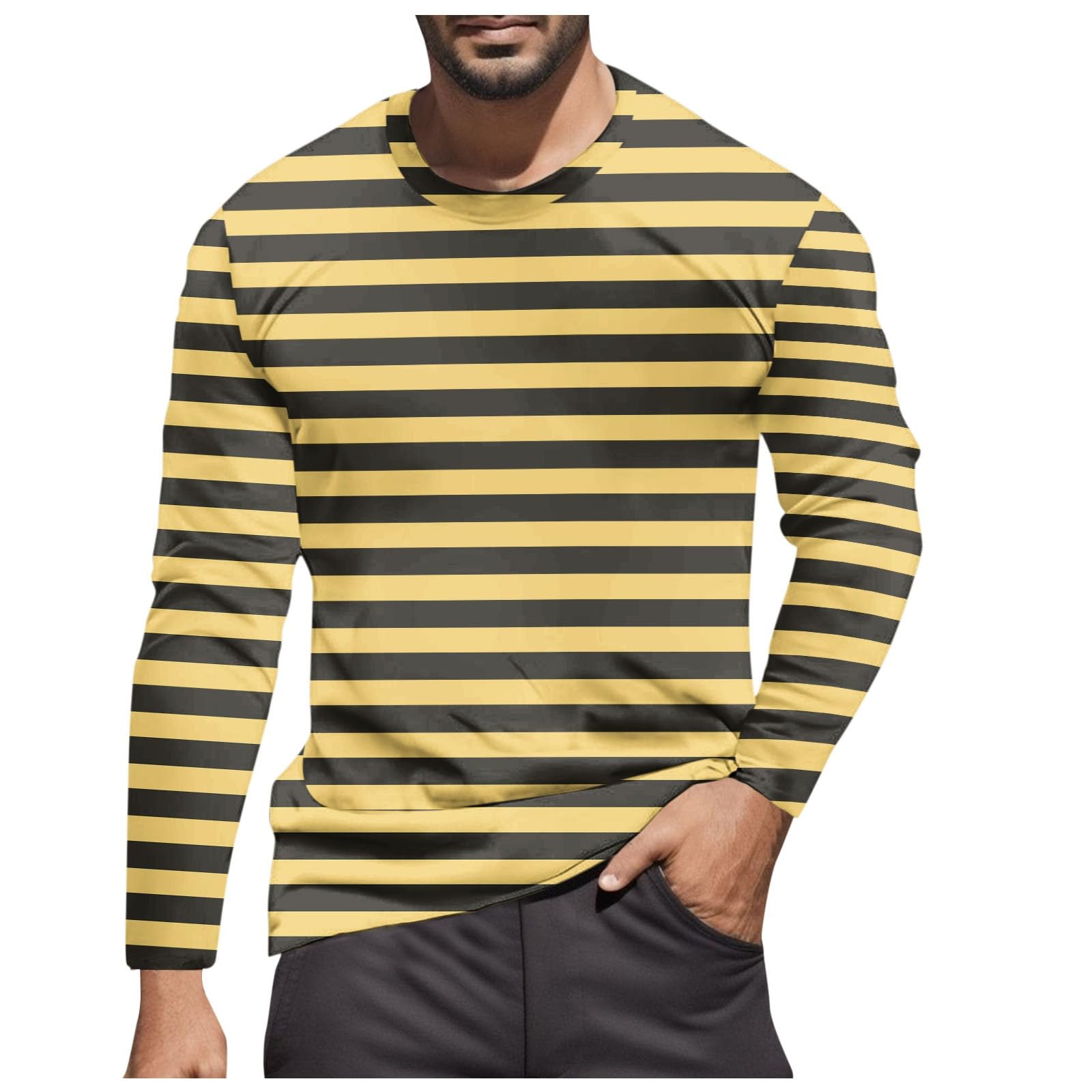 Striped Shirt Men Women Red White Long Sleeve T-Shirt Carnival Long Sleeve T-Shirt Horizontal Stripes Wide Stripes Fine Stripes Crew Neck Leisure Top Striped Shirt Fancy Dress Costumes, Yellow-10, L