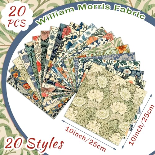 image for HunnmingRe 20 Pcs 10''x10'' Vintage William Morris Flowers Quilting Fa