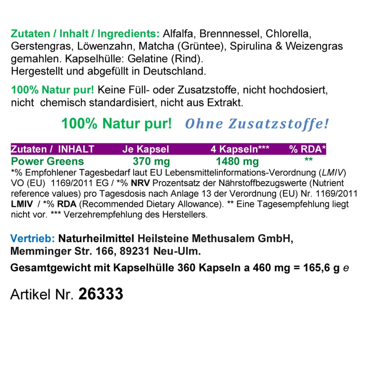 Green Power Greens Top8 Chlorophyll Supergreens 360 Pulver Kapseln mit Alfalfa Brennnessel Chlorella Gerstengras Löwenzahn Matcha Spirulina Weizengras. Natur pur. Ohne Zusatzstoffe. 26333-360